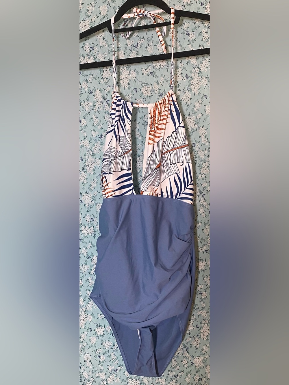 Women’s Blue Leaf-Print Halter One-Piece Swimsuit